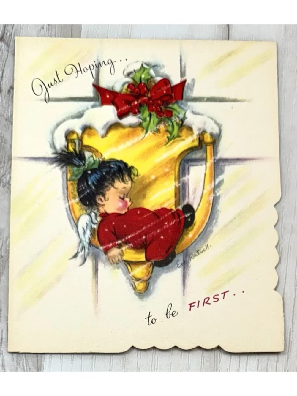 VTG UNUSED Christmas Card Artist EVE ROCKWELL Cheerie Cherubs Just Hoping Door
